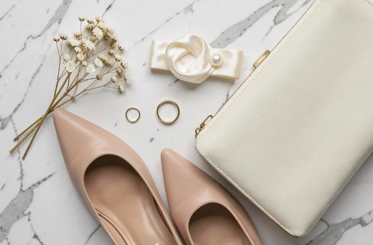 Accessoires chic pour mariage civil posés sur marbre blanc : alliance, clutch ivoire et épingle perle