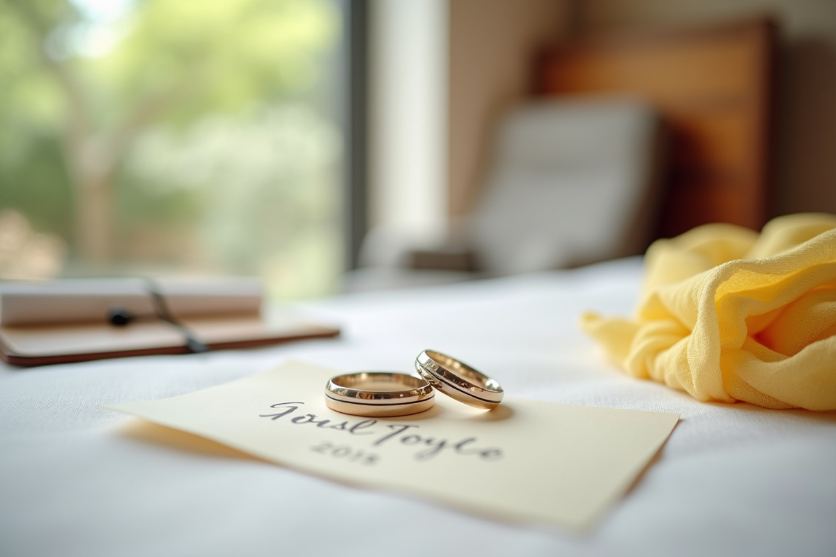 Alliances de mariage et note écrite sur lit d