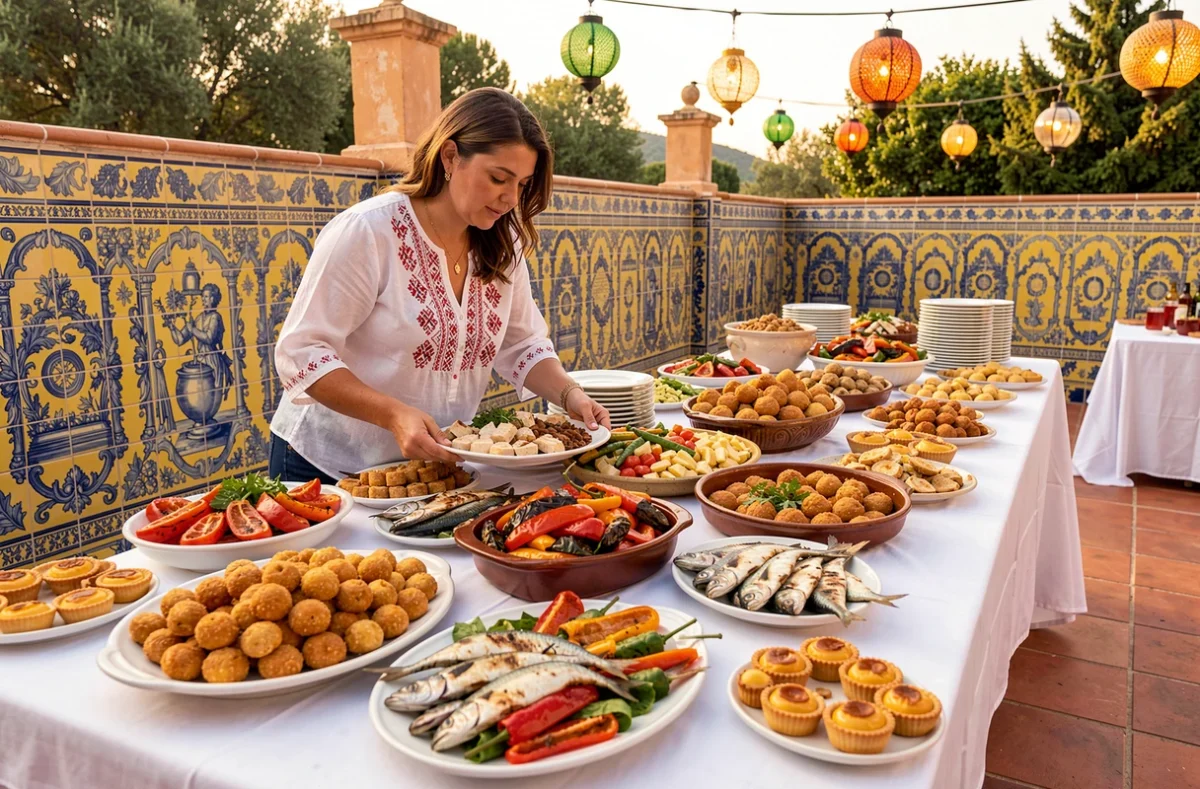 Traiteur Alves Traiteur présentant un buffet festif aux saveurs portugaises lors d'une réception de mariage en plein air dans l'Hérault, avec bacalhau, sardines grillées et pastéis de nata
