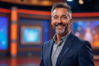 Animateur de jeu télévisé souriant sur un plateau de tournage coloré, portrait éditorial