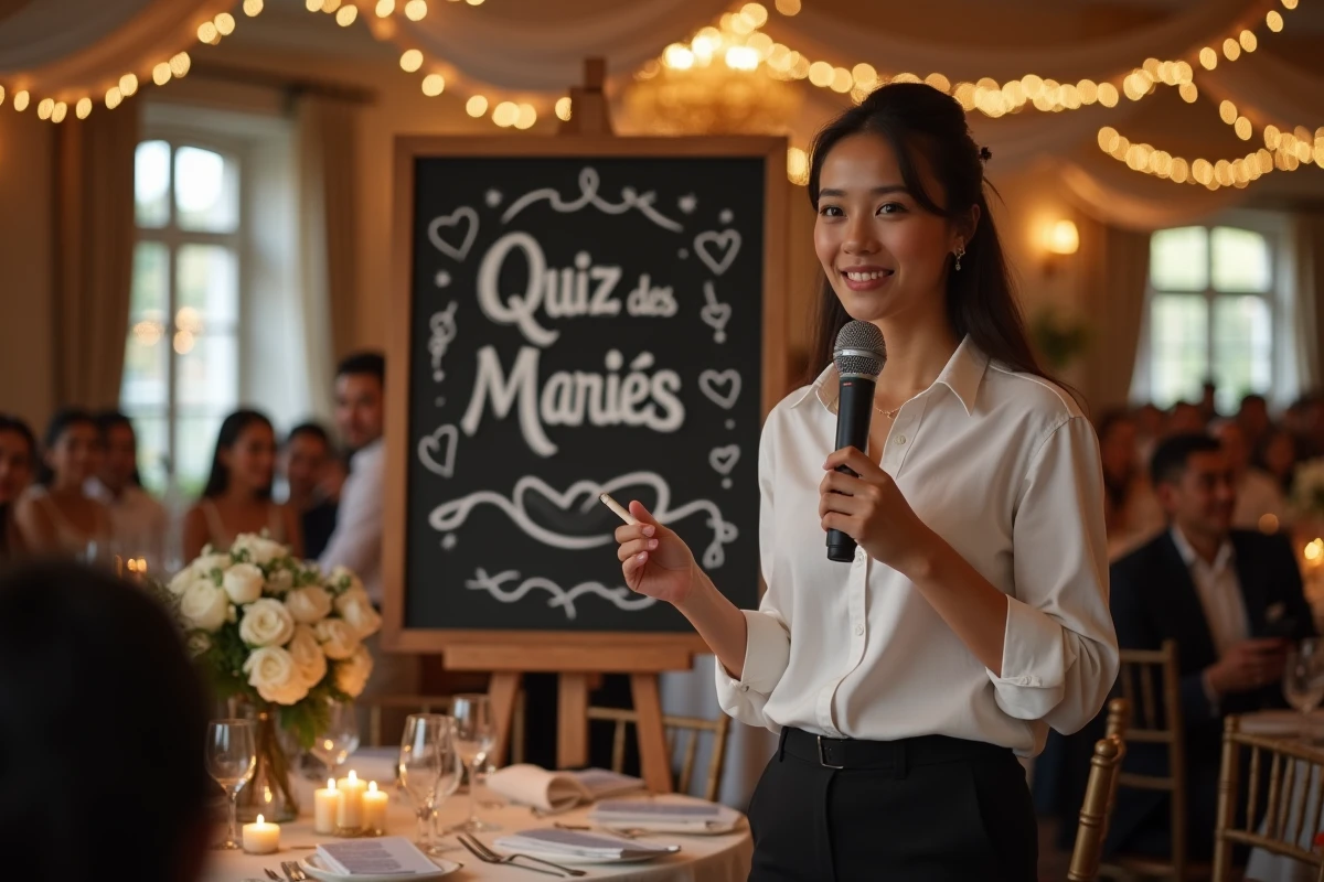 Animatrice présentant un quiz des mariés devant les invités attablés dans une salle de réception décorée pour un mariage