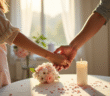 Couple tenant mains sur une table décorée pour anniversaire de mariage