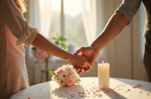Couple tenant mains sur une table décorée pour anniversaire de mariage