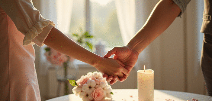 Couple tenant mains sur une table décorée pour anniversaire de mariage