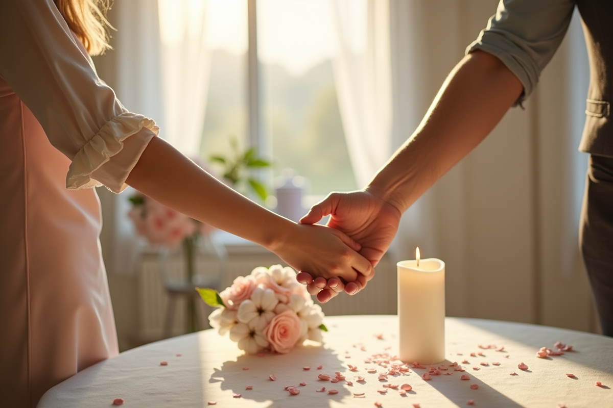 Couple tenant mains sur une table décorée pour anniversaire de mariage