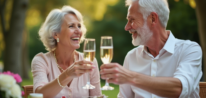 Couple mature célébrant leur 14e anniversaire en plein air