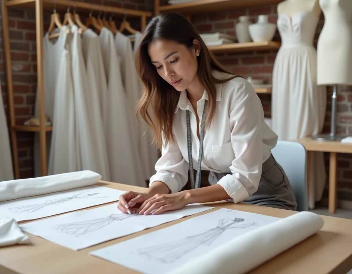 Femme consultant des modèles et tissus pour une robe de mariée demi-mesure dans un atelier de couture