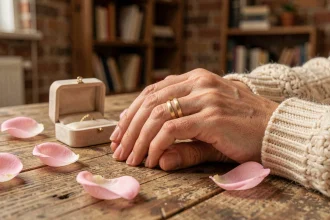 Deux mains de couple portant des bagues duo assorties en or brossé posées sur une table en bois
