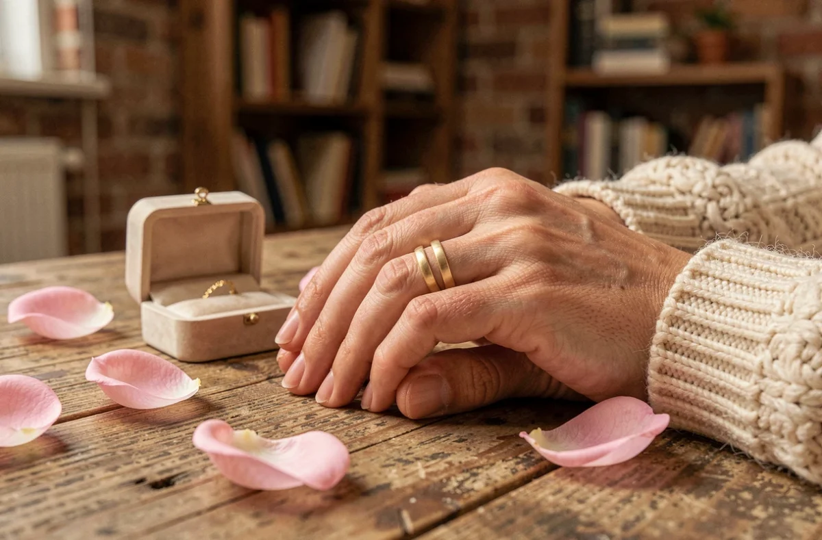 Deux mains de couple portant des bagues duo assorties en or brossé posées sur une table en bois