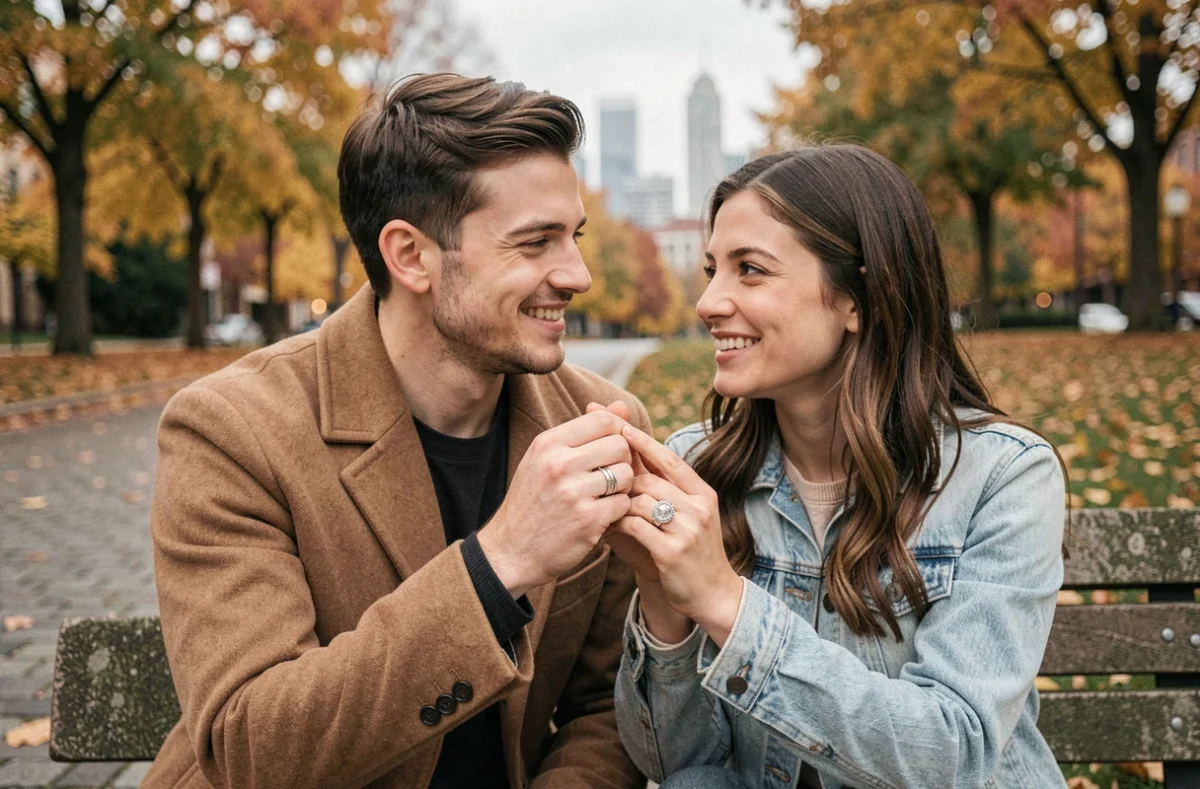 Couple de jeunes adultes en parc urbain montrant leurs bagues duo assorties en argent à l'automne