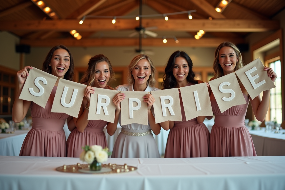 Groupe de témoins avec bannière surprise lors de la réception