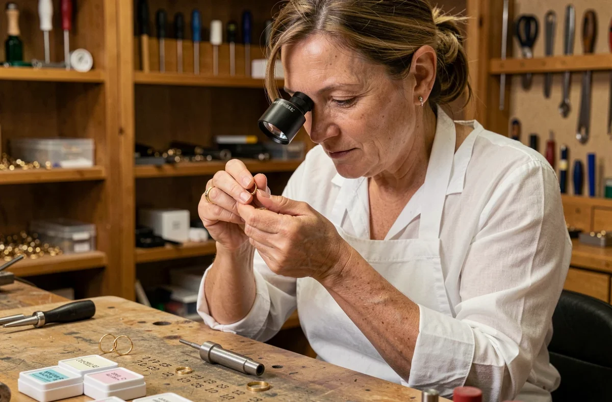 Bijoutière professionnelle comparant deux bagues en or de tailles similaires dans son atelier