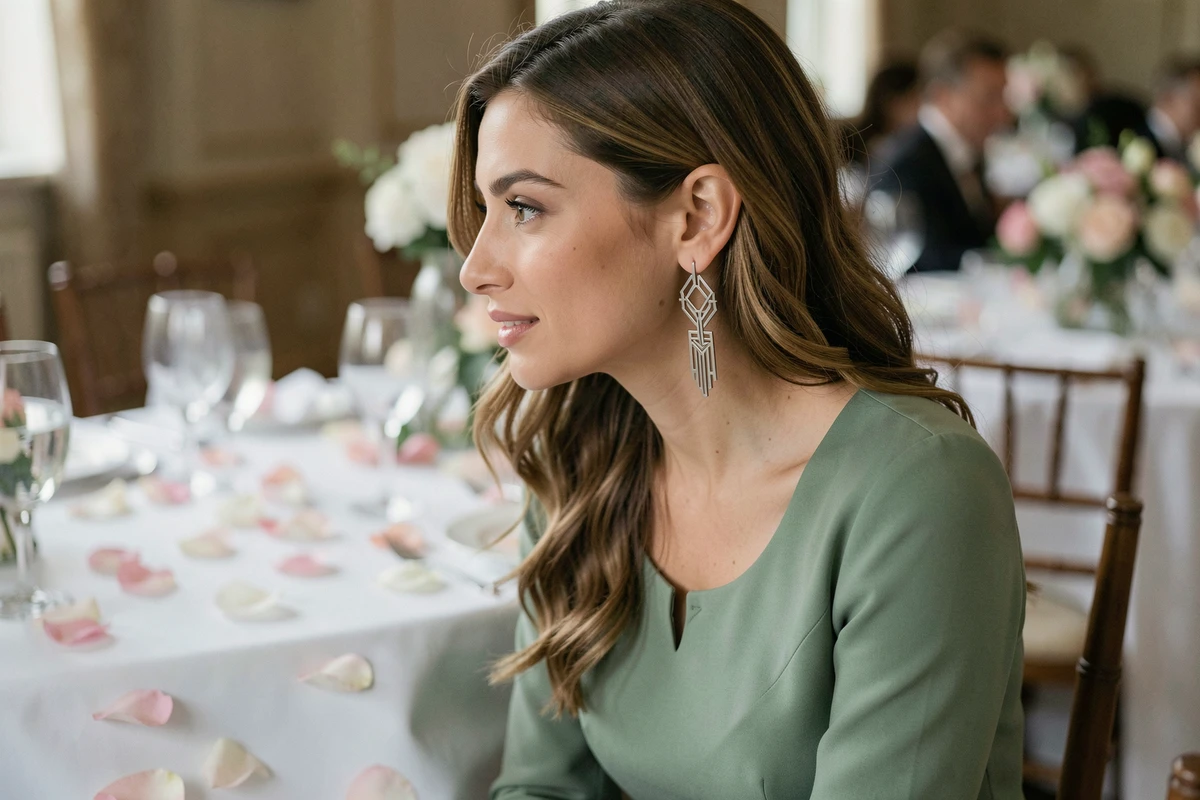 Femme invitée à un mariage avec boucles d'oreilles pendantes géométriques argentées et robe vert sauge