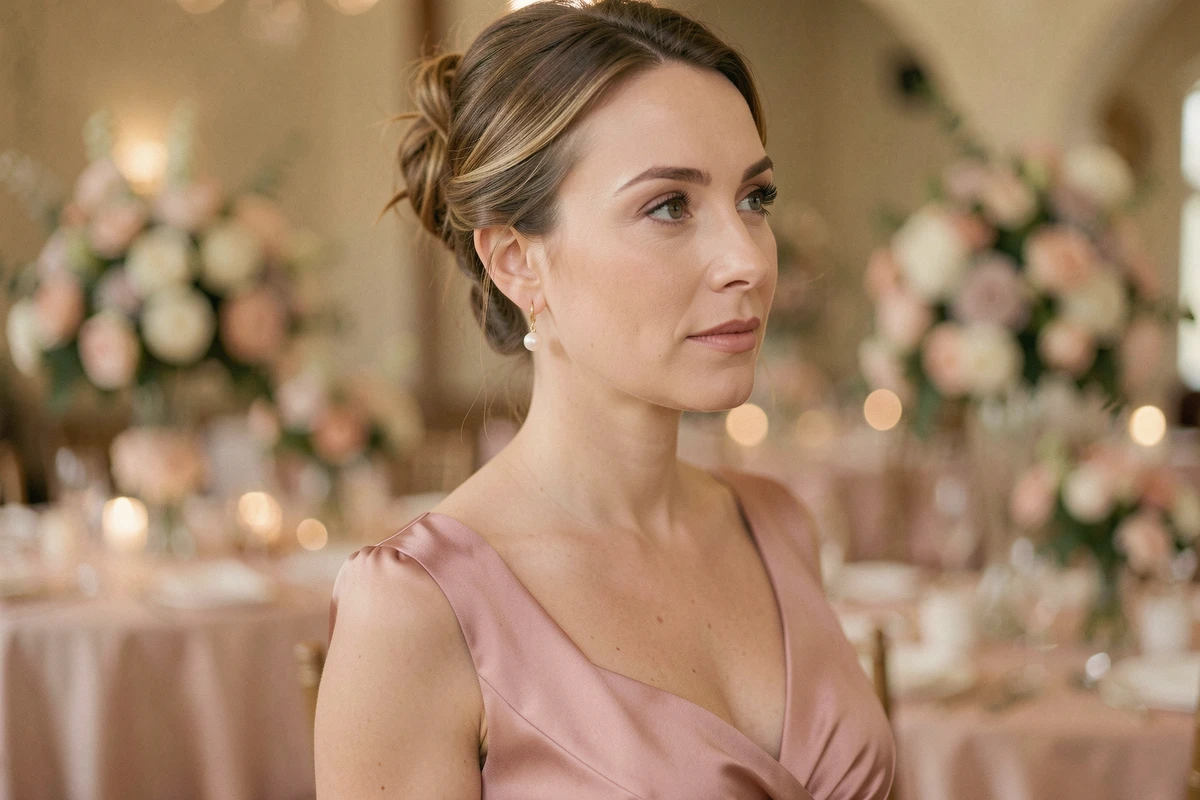 Invitée de mariage portant une boucle d'oreille pendante dorée avec perle, robe rose poudré, chignon élégant