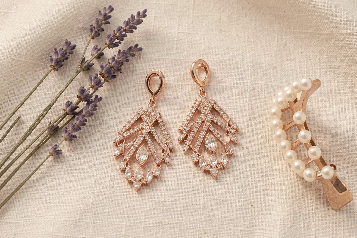 Boucles d'oreilles pendantes chandelier en or rose avec cristaux pour invitée de mariage, posées sur lin ivoire