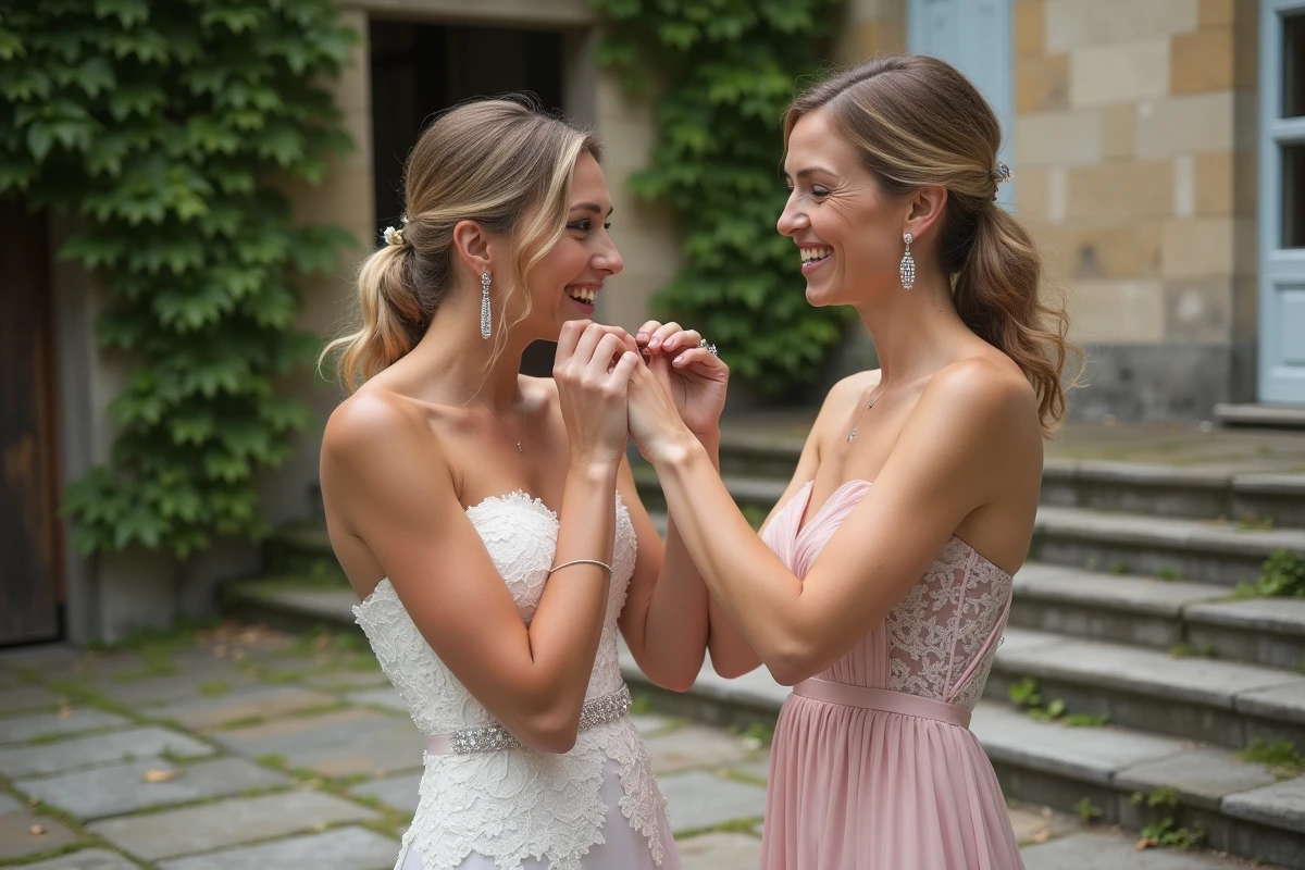 Mariée et demoiselle d'honneur avec des boucles d'oreilles cristal et diamant devant un château français en pierre