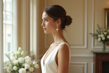 Mariée élégante portant des boucles d'oreilles perles dorées avec une robe en satin ivoire dans un salon haussmannien