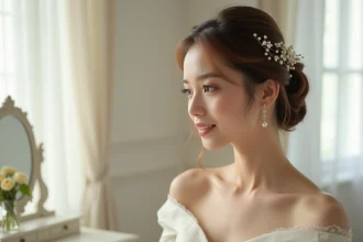 Mariée avec boucles d'oreilles en perles assorties à un chignon élégant orné d'épingles nacrées