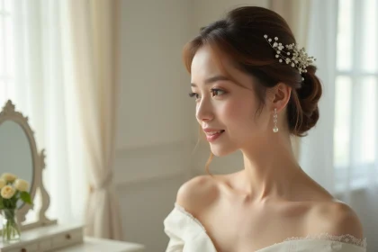 Mariée avec boucles d'oreilles en perles assorties à un chignon élégant orné d'épingles nacrées