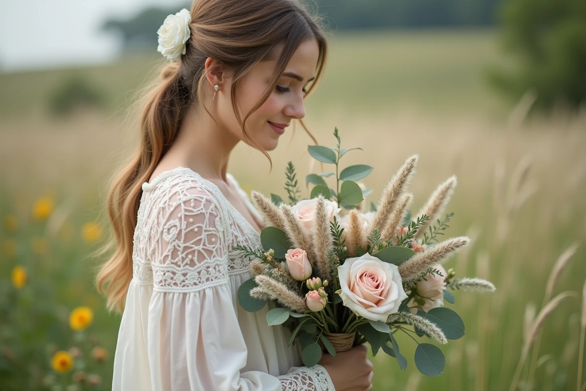 Bouquet de mariée champêtre avec roses de jardin, eucalyptus et herbes sauvages, tenu par une mariée en robe ivoire dans un champ de fleurs