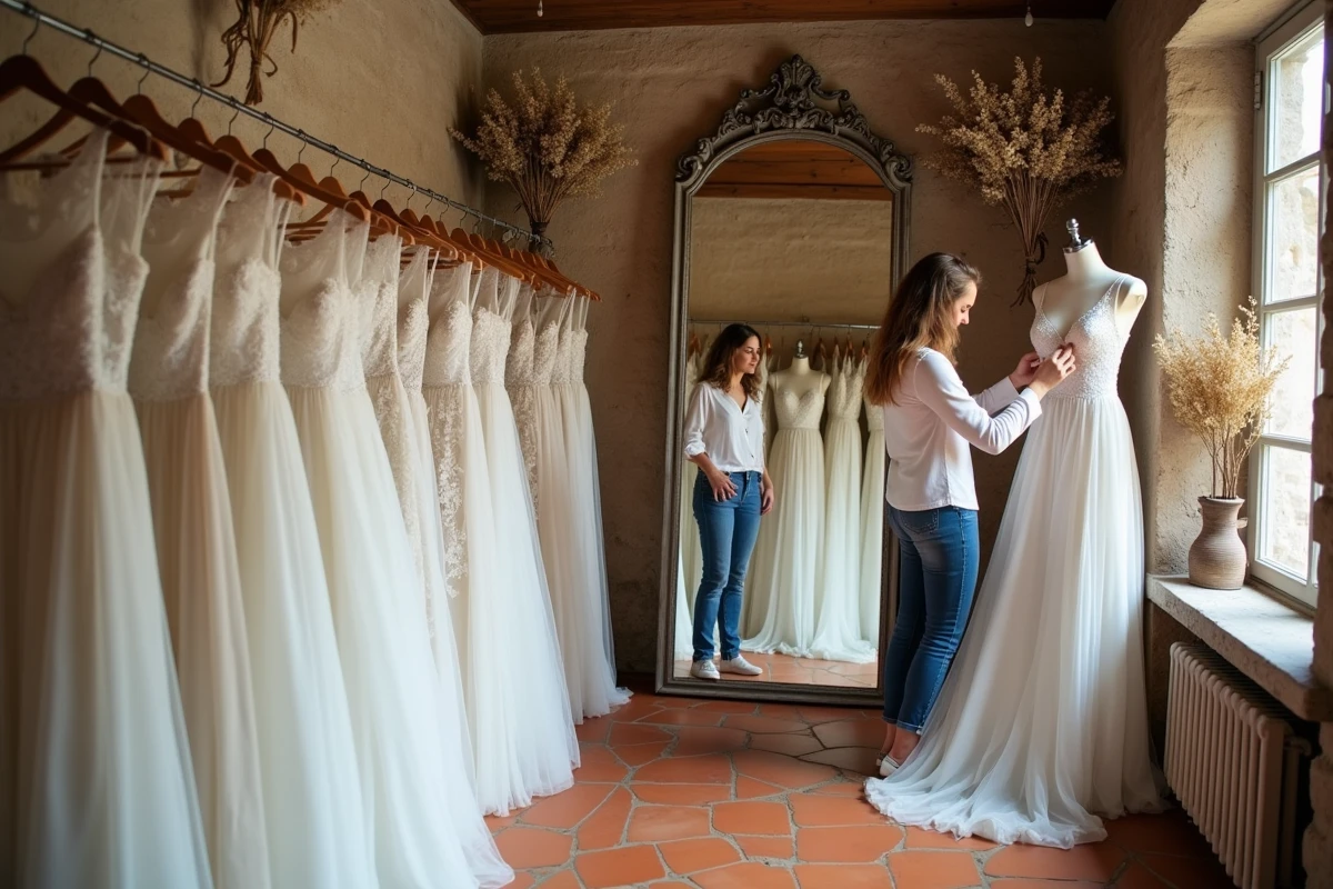Intérieur d'une boutique de location de robes de mariée bohèmes à Strasbourg avec essayage