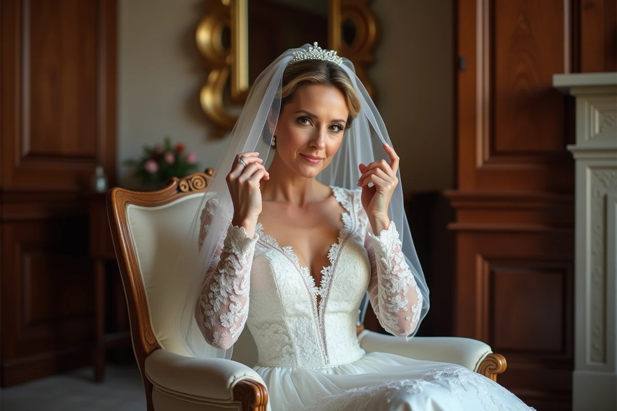 Bride d age moyen ajustant son voile en intérieur