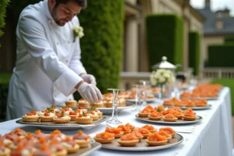Table de traiteur mariage avec buffet élaboré de canapés et bouchées dans un jardin de château français