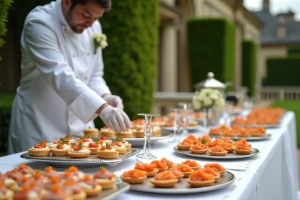 Table de traiteur mariage avec buffet élaboré de canapés et bouchées dans un jardin de château français