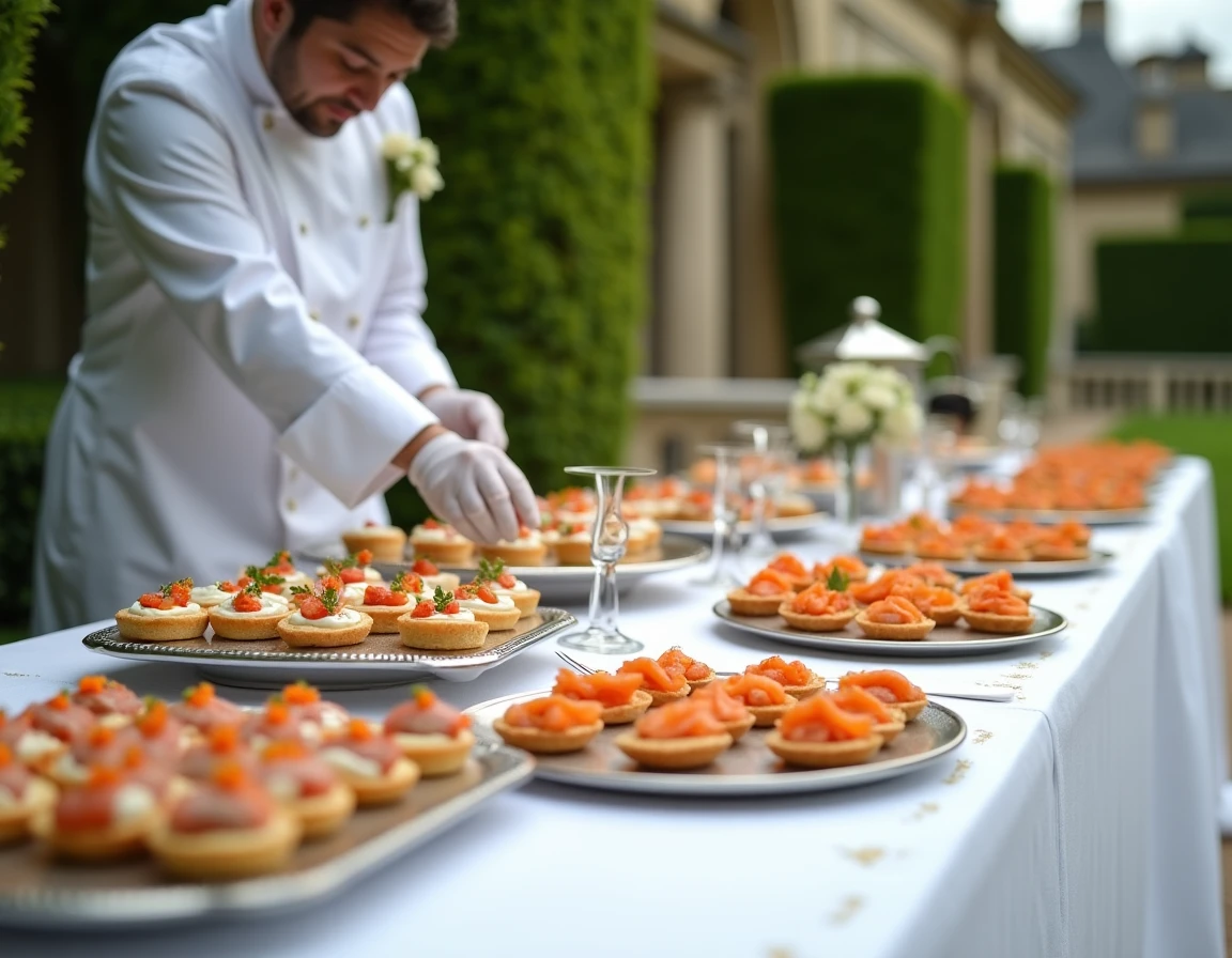Table de traiteur mariage avec buffet élaboré de canapés et bouchées dans un jardin de château français