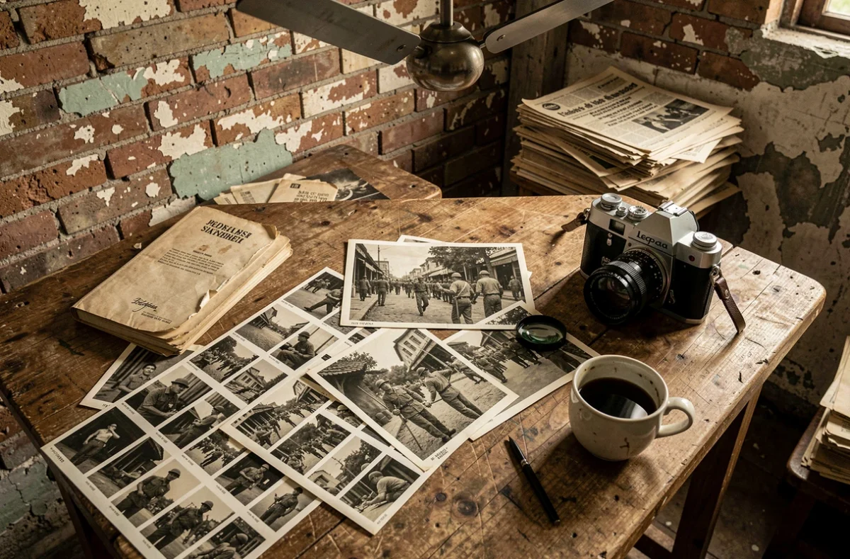 Table de travail d'un photojournaliste de la guerre du Vietnam avec planches contact, appareil Leica et carnets de notes dans un bureau de presse de Saigon