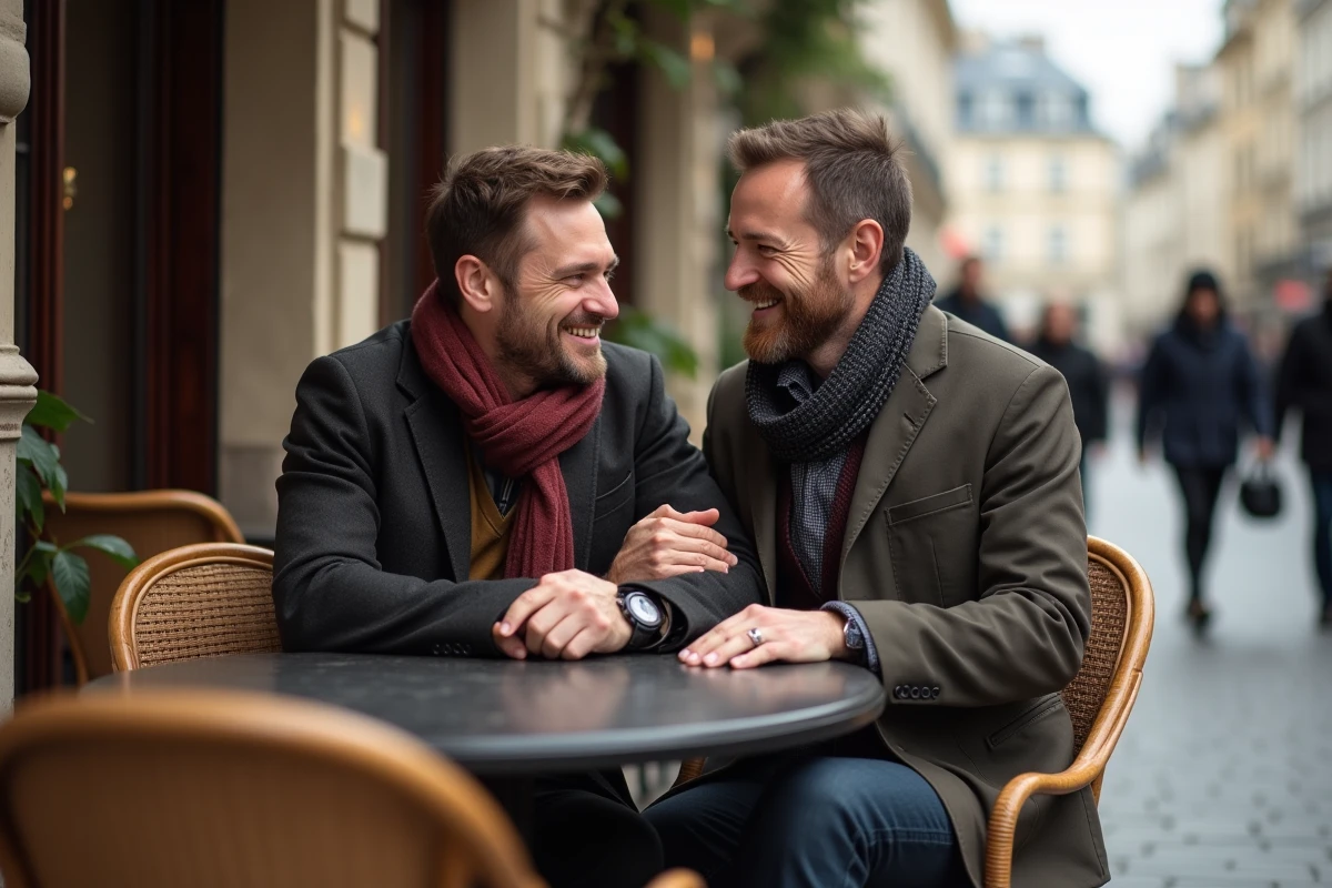 Deux hommes élégants souriant au café parisien