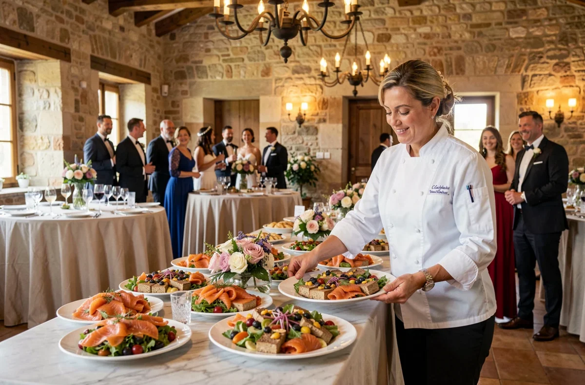 Équipe de Camille Réceptions présentant un buffet de mariage gastronomique dans un mas en pierre de l'Hérault, avec des plateaux soignés et une décorations florale élégante