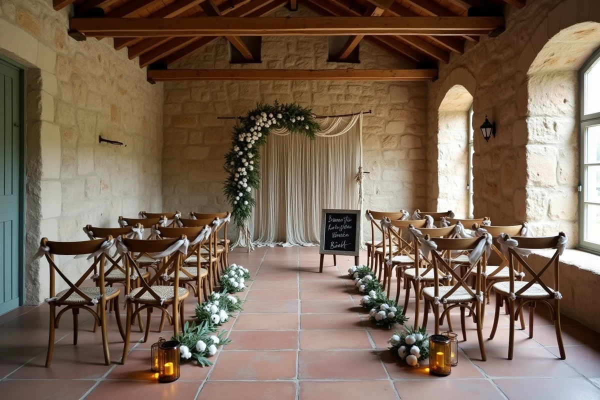Décoration de cérémonie de mariage champêtre dans une grange rustique avec arche en macramé, chaises vintage et guirlandes d'eucalyptus