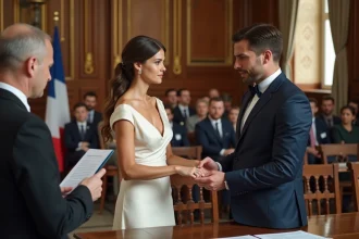 Couple échangeant les alliances devant l'officier d'état civil dans une mairie française lors d'une cérémonie civile de mariage bien organisée