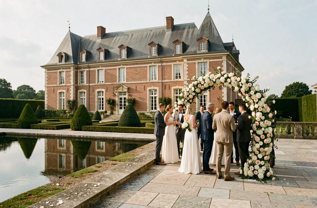 Château de Cocove avec un cocktail de mariage sur la terrasse en pierre