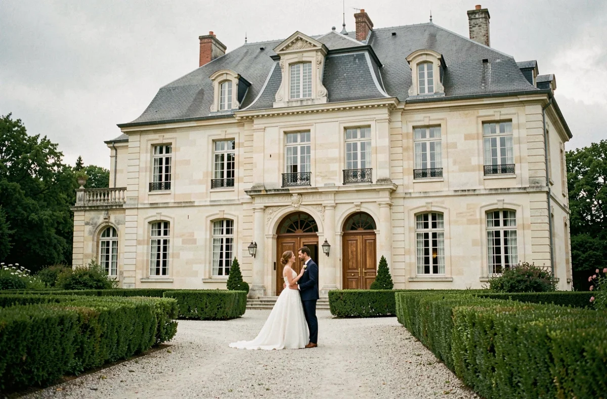 Façade du Château de Couturelle avec des mariés devant l'entrée principale