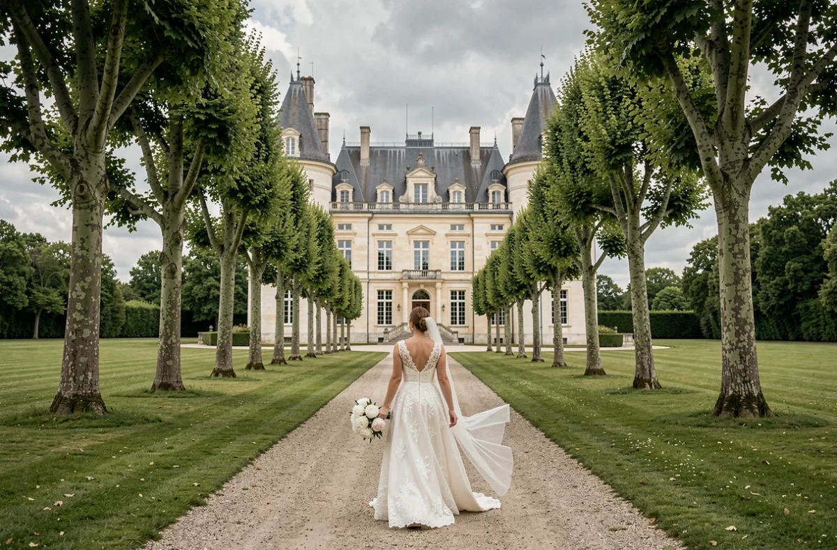 Château de Ranchicourt avec une mariée remontant l'allée de gravier