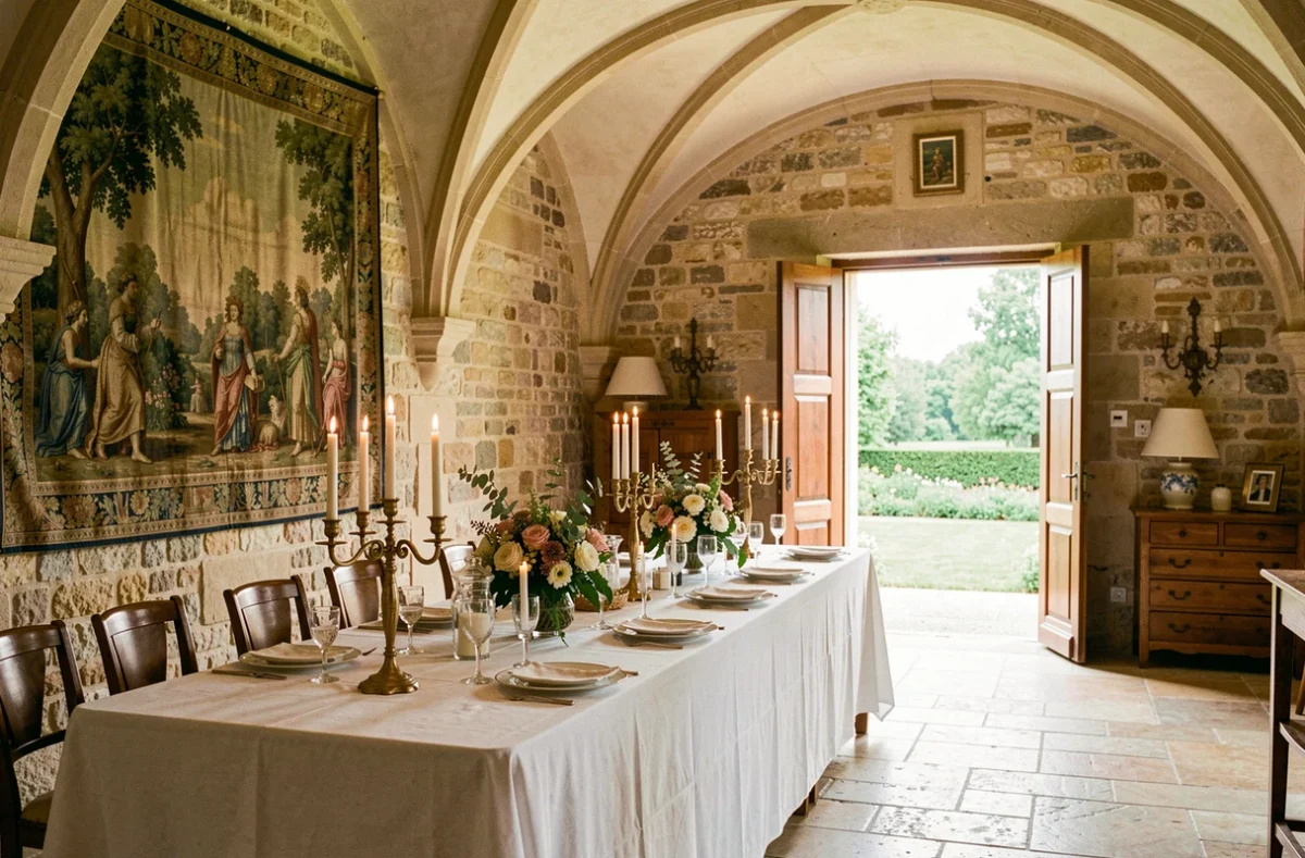 Salle de réception voûtée du Château de Fajac-la-Relenque dans l'Aude avec candélabres dorés et portes ouvertes sur le parc