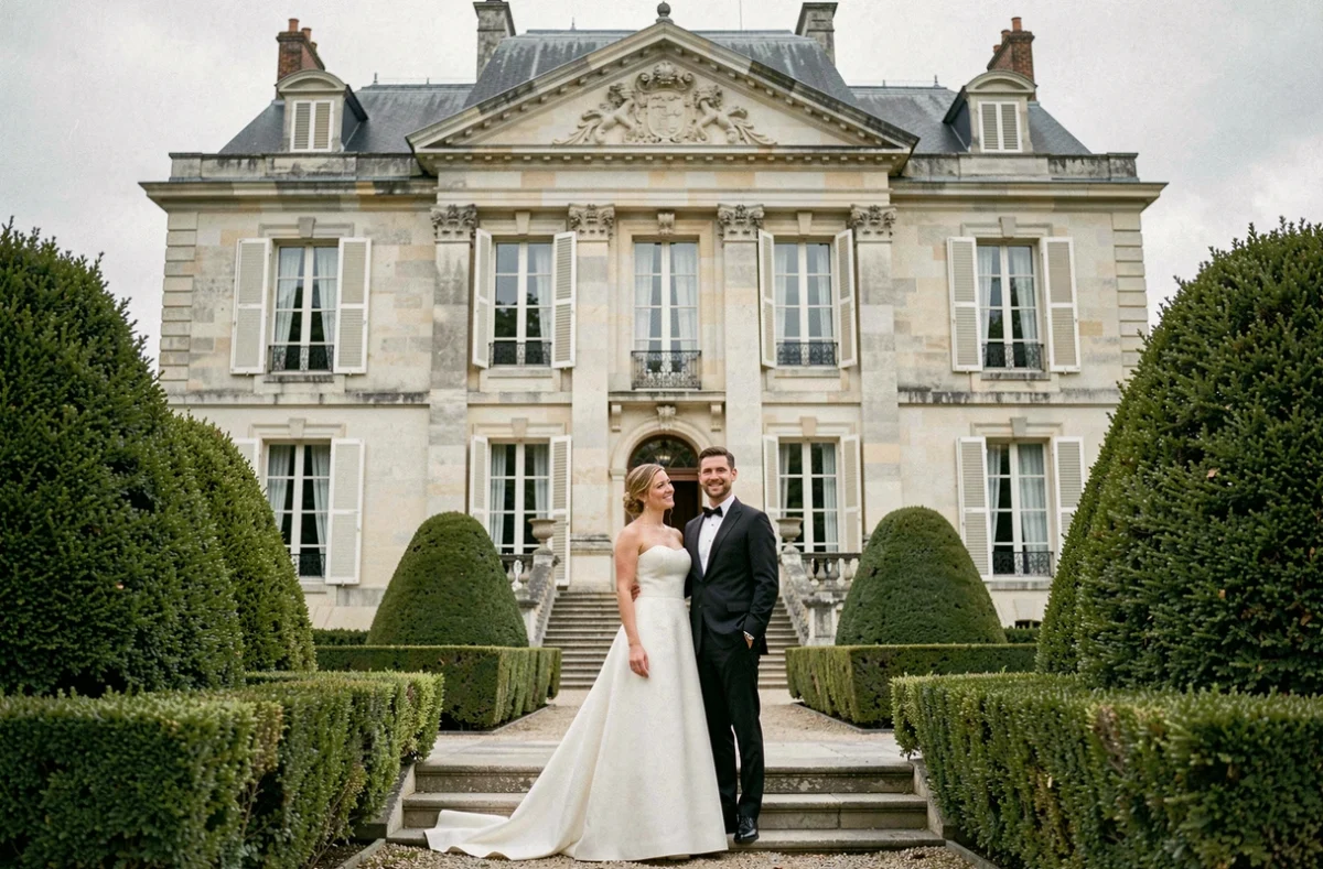 Château de Grand Rullecourt avec les mariés posant sur les marches de l'entrée
