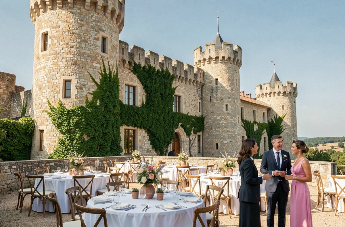 Terrasse de mariage du Château Guilhem dans l'Aude avec tables fleuries et tours médiévales en arrière-plan