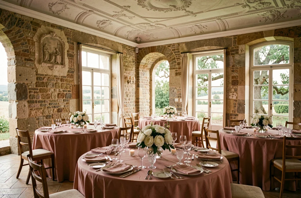 Salle de réception romantique du Château de Mauriac dans le Tarn avec décoration florale en pivoines et fenêtres sur le parc