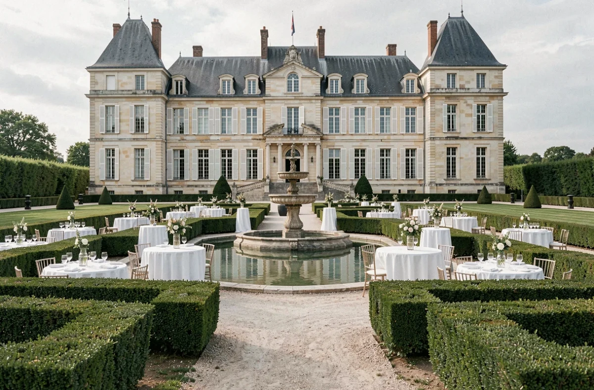 Jardin à la française du Château de la Mogère dans l'Hérault aménagé pour un cocktail de mariage avec fontaine centrale et façade classique