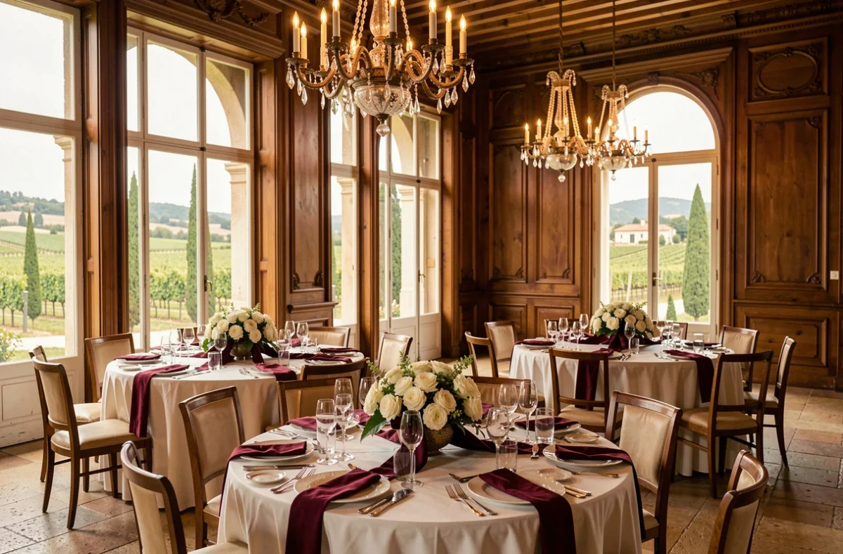 Intérieur du Château Nadal Hainaut dans les Pyrénées-Orientales avec tables de mariage dressées et fenêtres donnant sur le vignoble