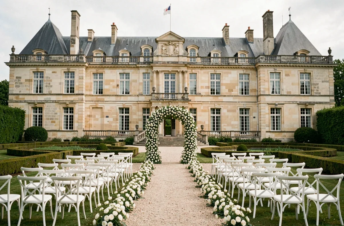 Cérémonie de mariage dans la cour du Château de Pennautier dans l'Aude avec allée fleurie et façade classique du XVIIe siècle