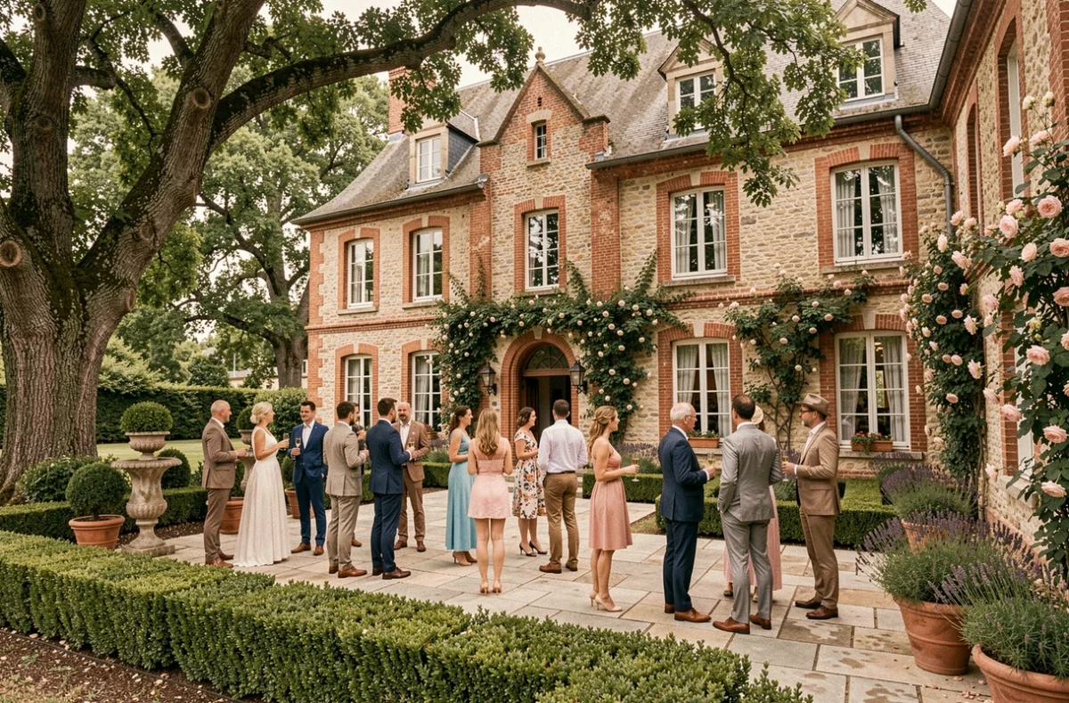 Le Clos Barthélemy au Château d'Éterpigny avec des invités de mariage dans le jardin