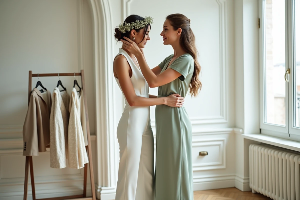 Deux femmes dans un appartement haussmannien, une mariée en combinaison blanche structurée se faisant coiffer d'une couronne de fleurs par son amie en robe sauge, avec voile et veste lin en arrière-plan