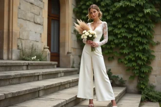 Femme portant une combinaison blanche pour mariage avec un bustier en dentelle et un pantalon palazzo, accessoirisée avec des sandales dorées et un bouquet de pampa devant un château en pierre