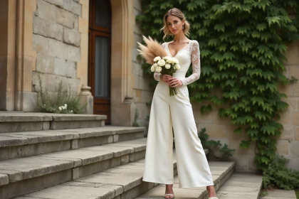 Femme portant une combinaison blanche pour mariage avec un bustier en dentelle et un pantalon palazzo, accessoirisée avec des sandales dorées et un bouquet de pampa devant un château en pierre