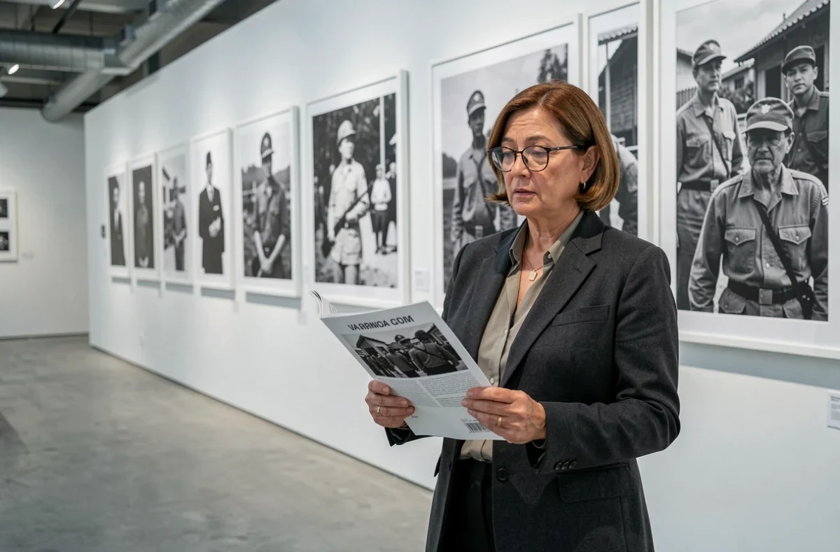 Commissaire d'exposition examinant des photographies de guerre du Vietnam dans une galerie d'art moderne, entourée de tirages noir et blanc encadrés