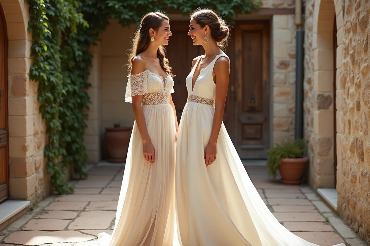 Comparaison robe de mariée bohème et robe minimaliste ivoire portées côte à côte dans une cour en pierre style Provence